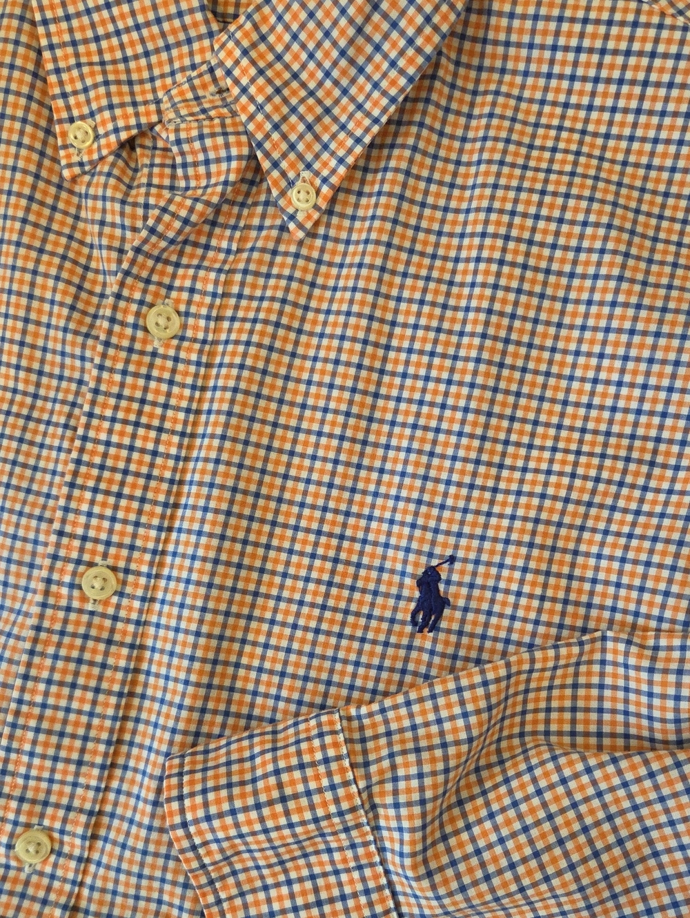 Ralph Lauren Orange, Blue & White Small Check Button-Down Shirt Size: L